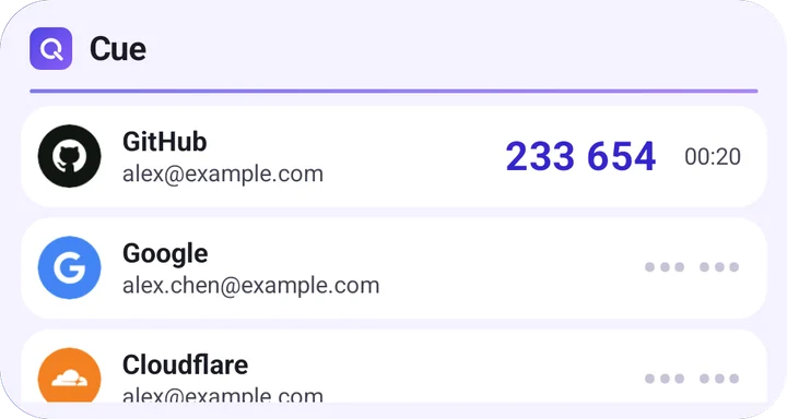 桌面上的 Cue 小组件:GitHub 的验证码已显示,Google 和 Cloudflare 的验证码隐藏